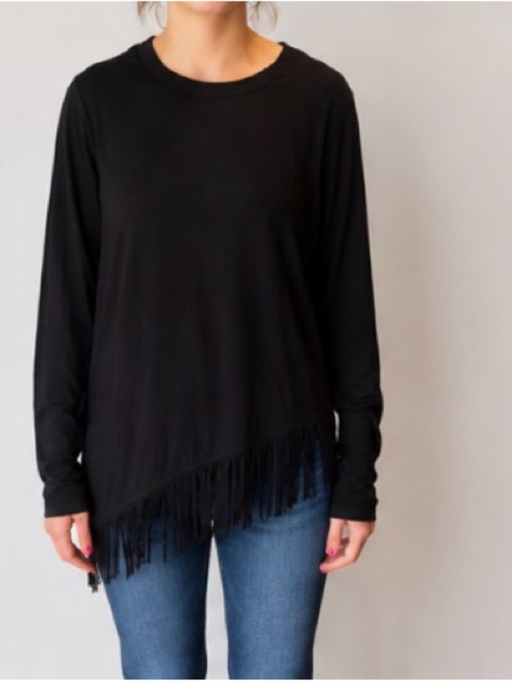 Karen Kane Black Long-Sleeve Fringe Hem Top